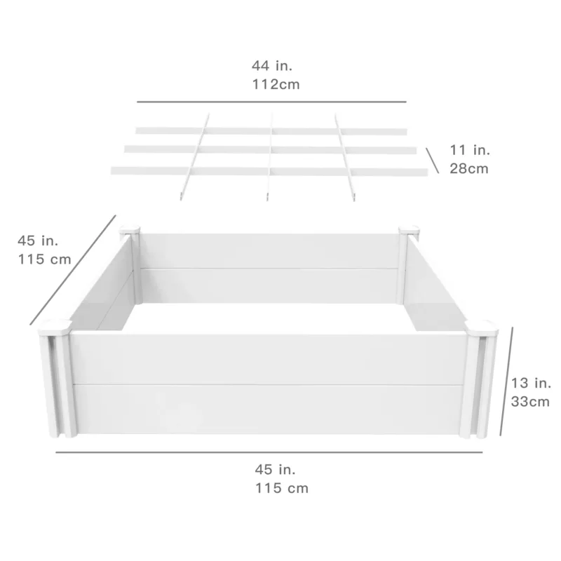 Square vinyl raised garden bed with grow grid, open bottom